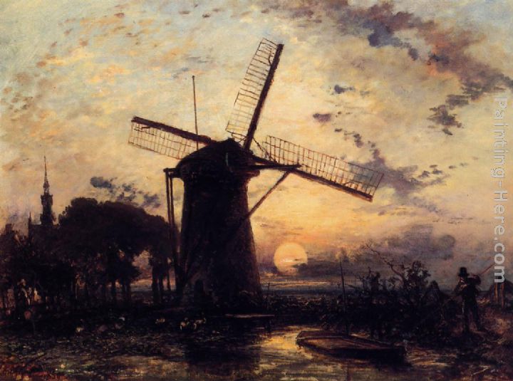 Boatman by a Windmill at Sundown painting - Johan Barthold Jongkind Boatman by a Windmill at Sundown art painting